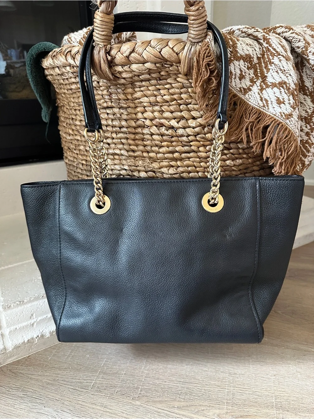 Coach Black Turnlock Leather Tote 27 with Gold Chain Handles